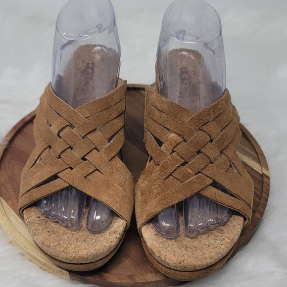 UGG Australia Lilah Chestnut Wedge Sandal Womens Suede Leather Slip On 9 - Picture 1 of 8